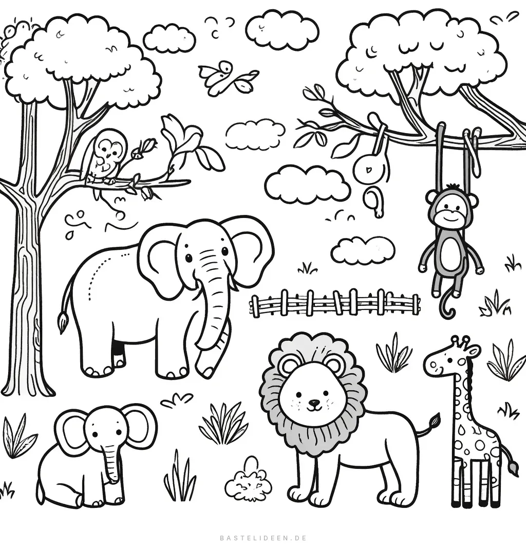 Elefanten, Löwe, Giraffe und Affen in Safari-Landschaft