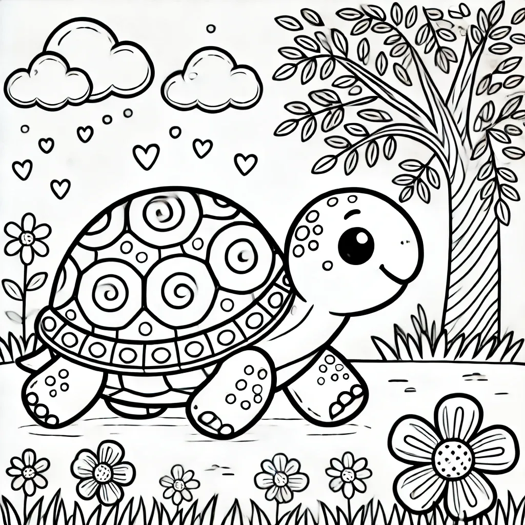 Schildkröte spaziert durch Blumengarten