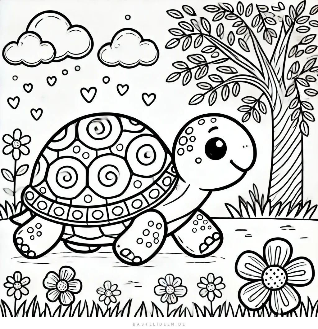 Schildkröte spaziert durch Blumengarten