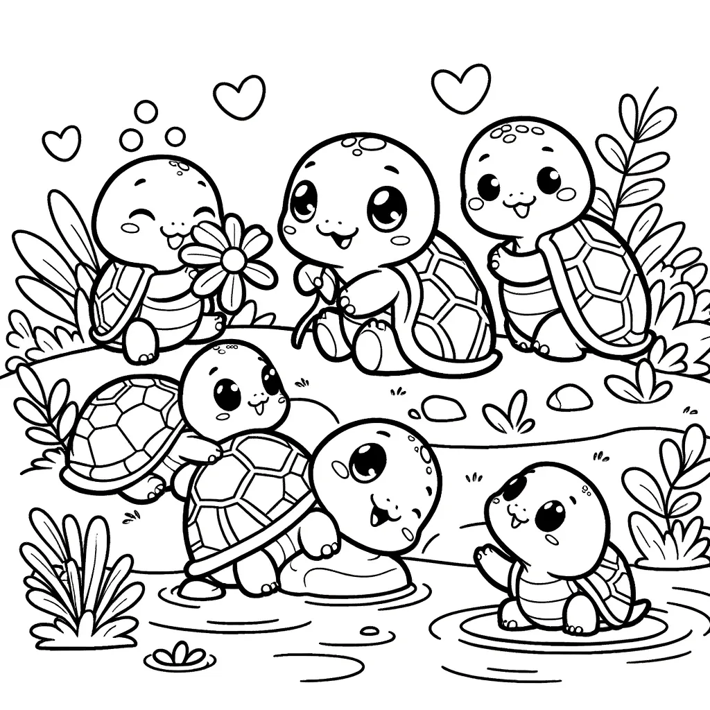 Schildkröten-Gruppe am Teich mit Blumen, Herzen und Pflanzen