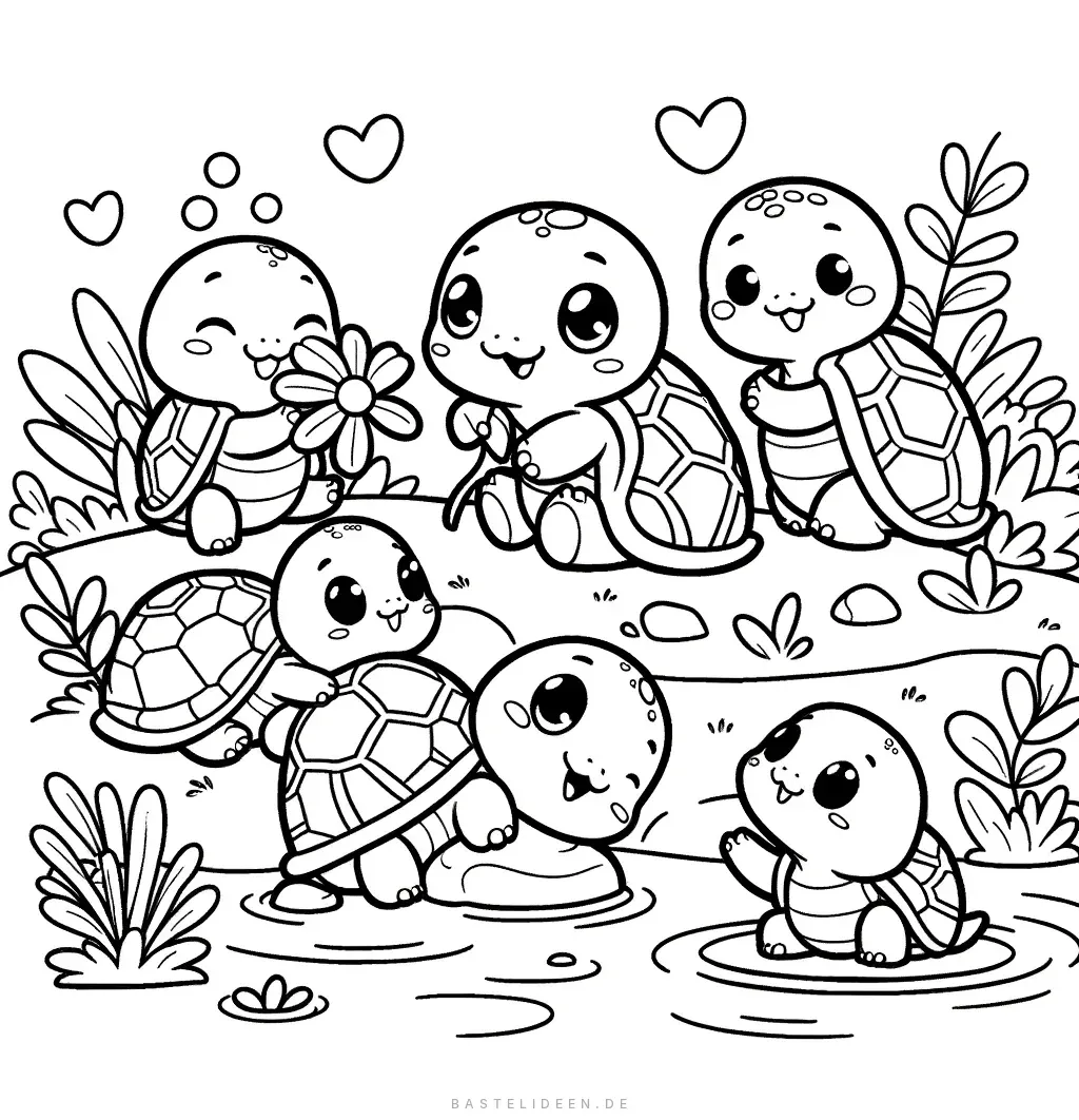 Schildkröten-Gruppe am Teich mit Blumen, Herzen und Pflanzen