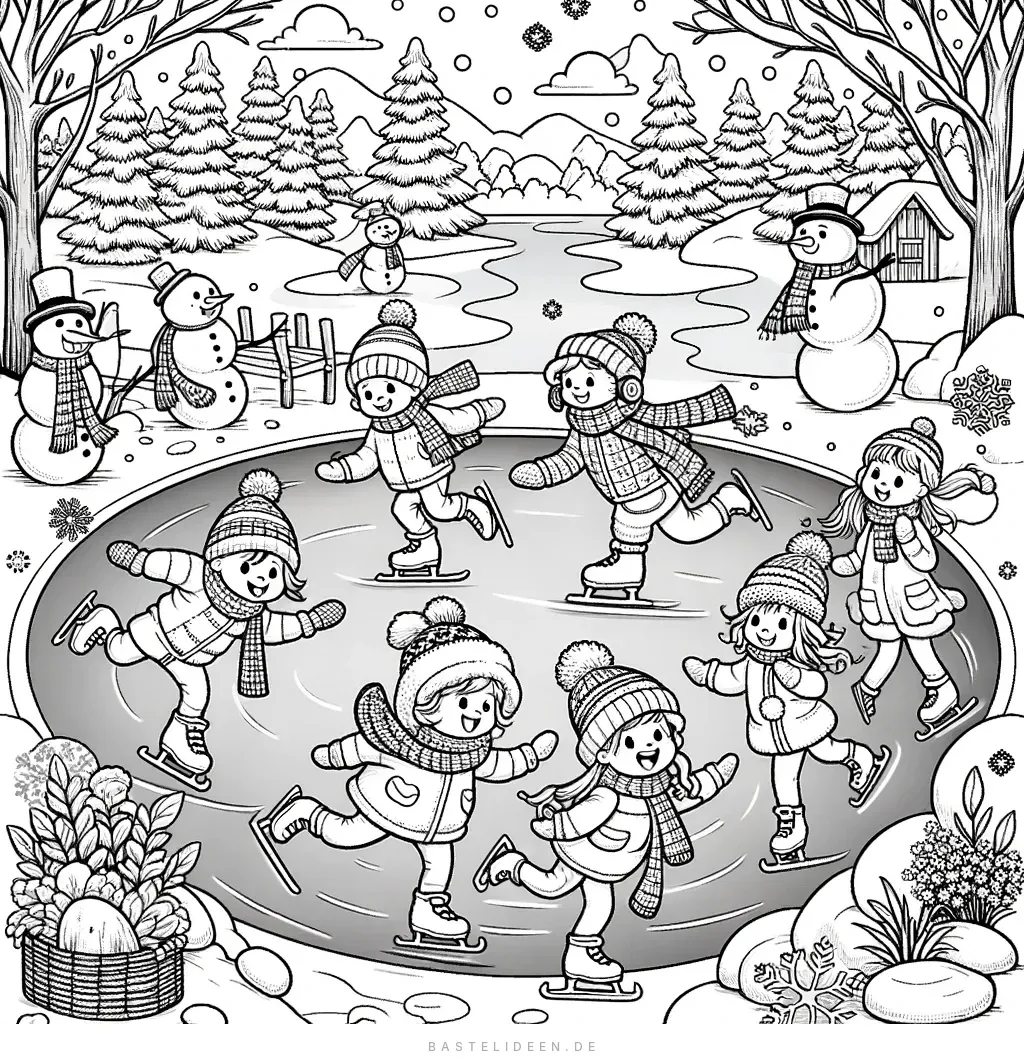 Kinder laufen Schlittschuh auf zugefrorenem Teich