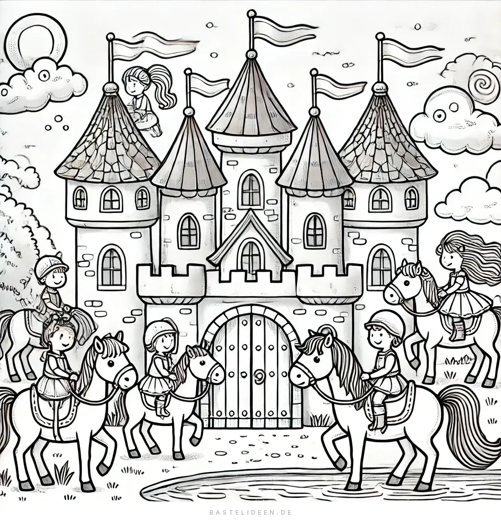 Schloss-Szene mit Kindern auf Ponys