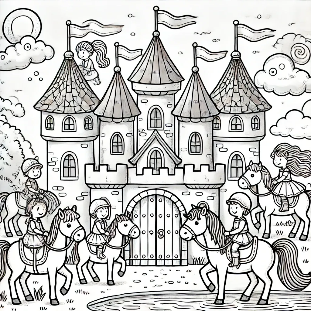 Schloss-Szene mit Kindern auf Ponys