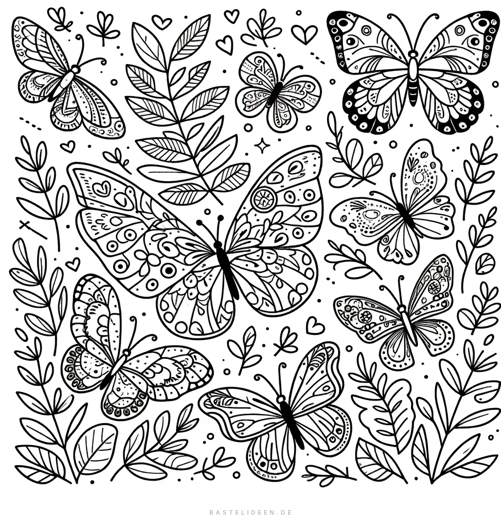 Schmetterlinge zwischen Zweigen und Herzen