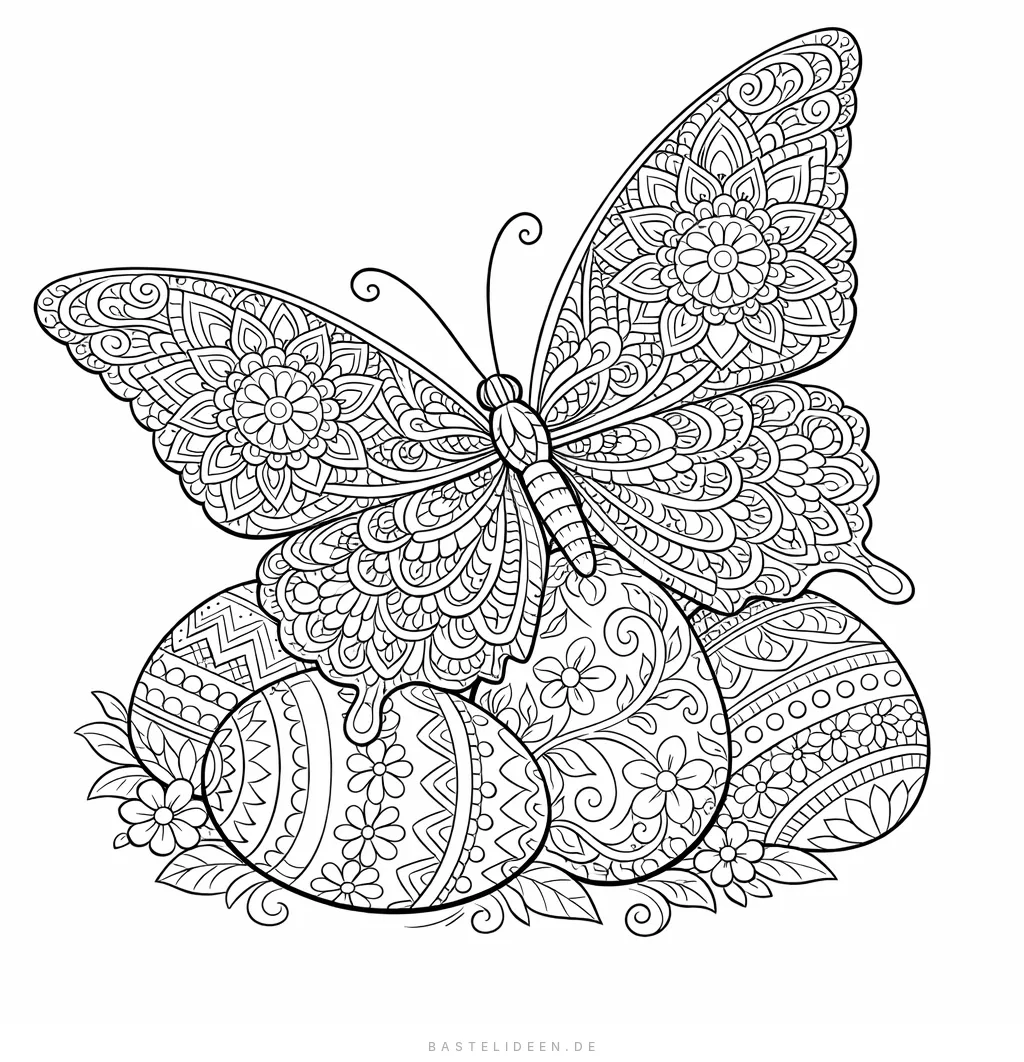 Großer Schmetterling mit Mandala-Flügeln auf kunstvoll verzierten Ostereiern