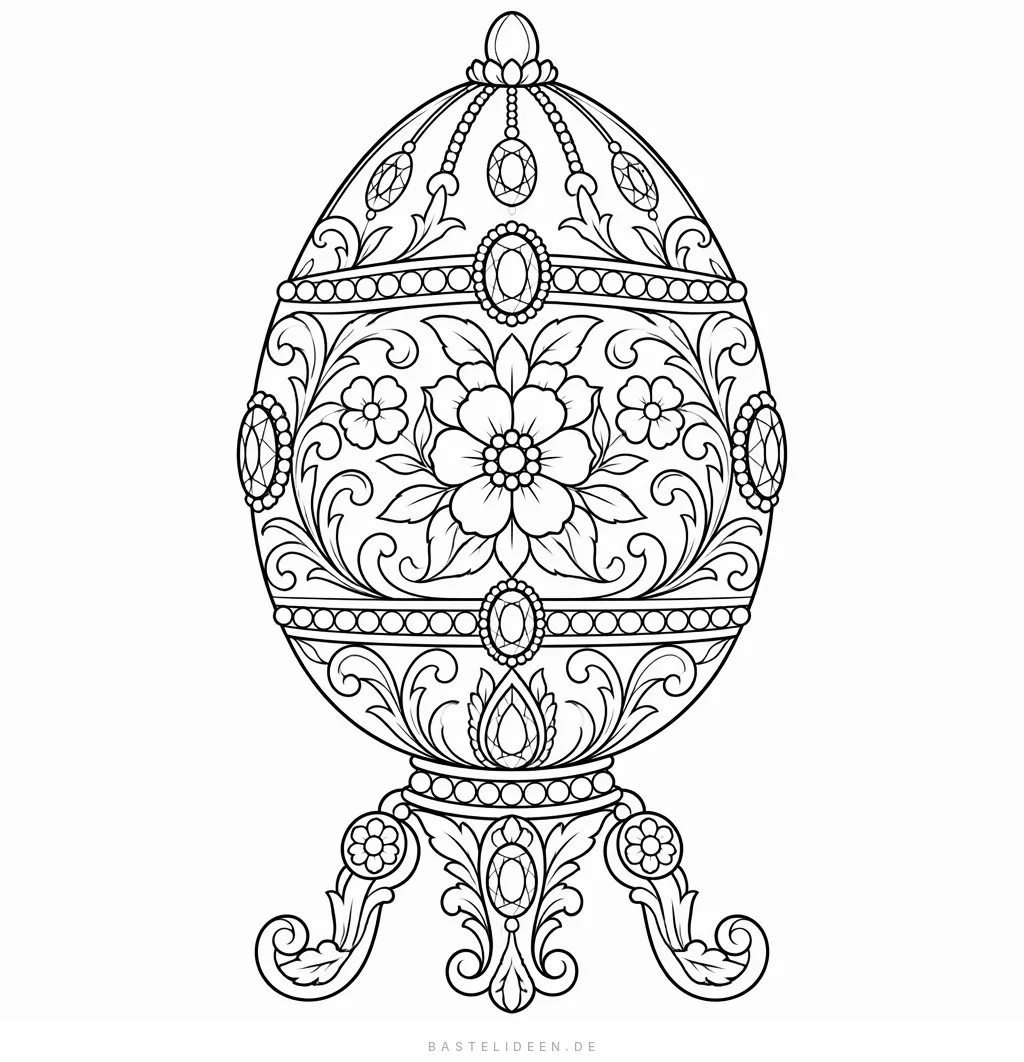 Prunkvolles Schmuckei mit Edelsteinen, Blumen und Filigranmustern auf einem Ständer