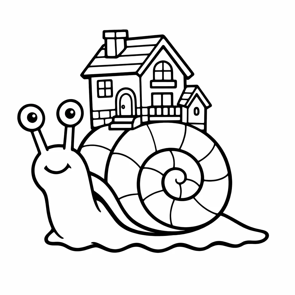 Niedliche Schnecke mit Schneckenhaus und kleinem Haus obenauf