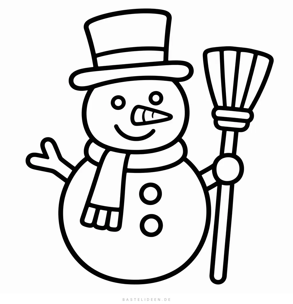 Schneemann mit Zylinder, Karottennase, Schal und Besen