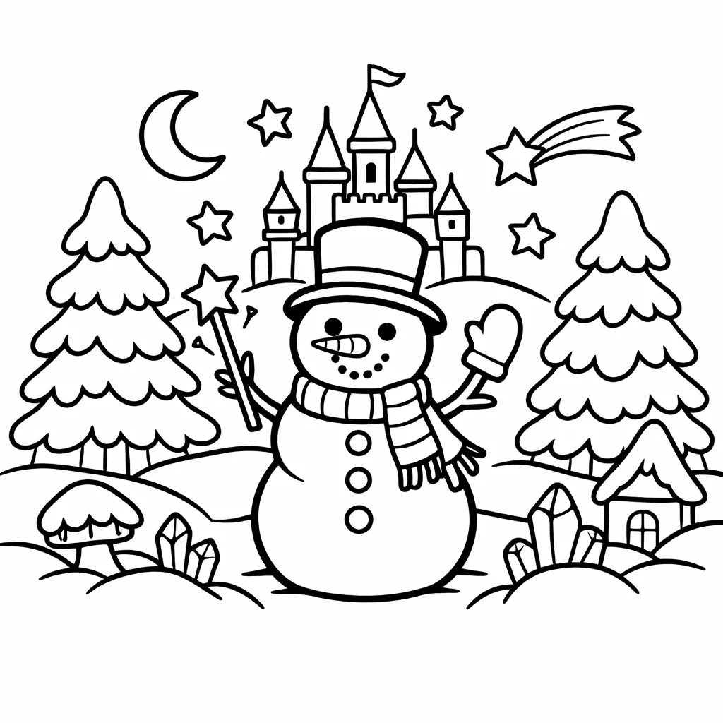 Schneemann mit Schal und Hut vor einem Märchenschloss bei Mond und Sternen