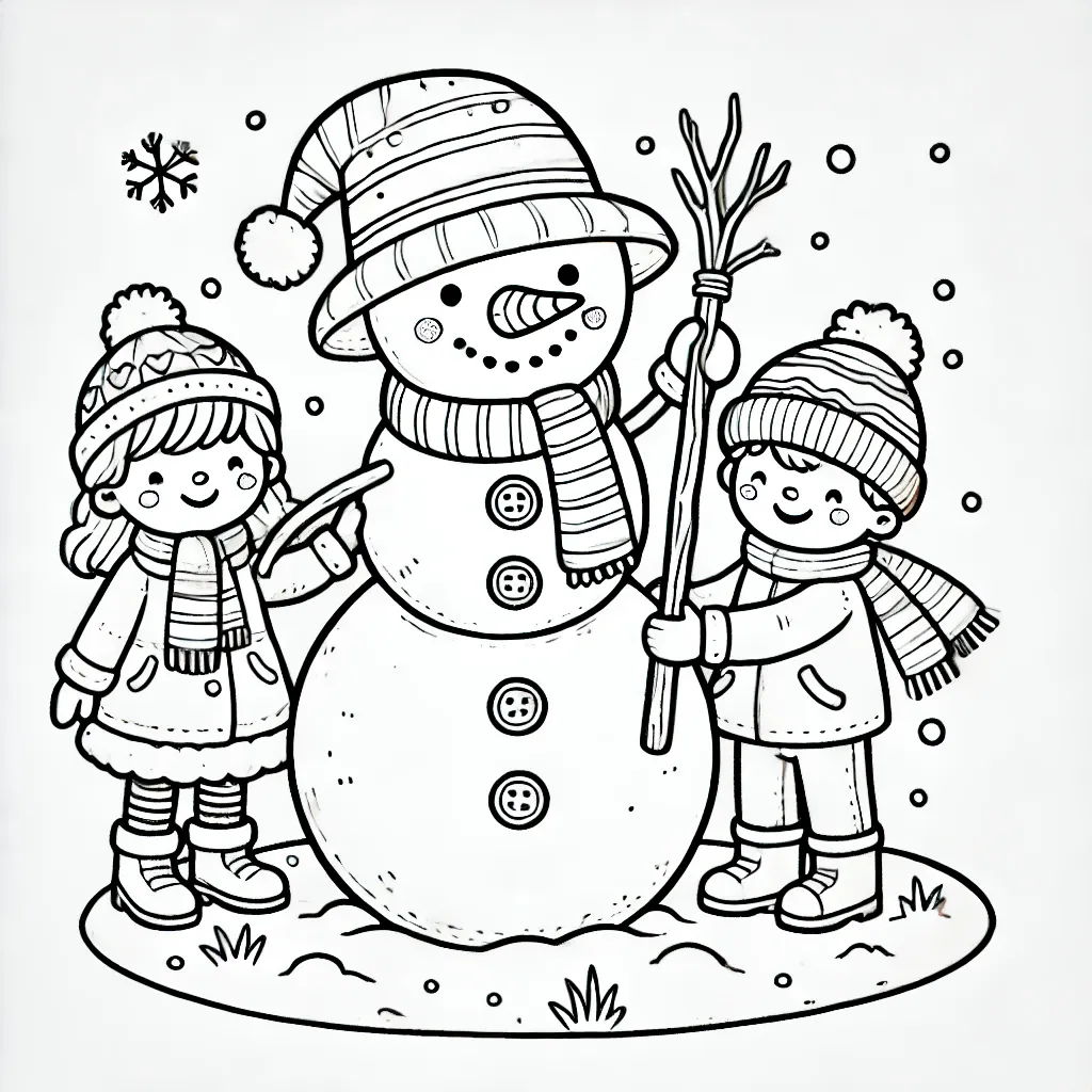 Zwei Kinder bauen einen Schneemann