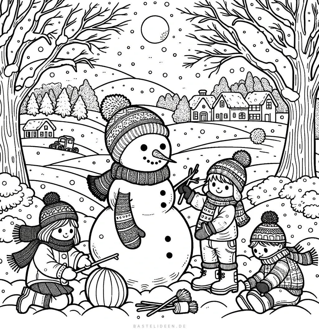 Drei Kinder bauen Schneemann in verschneiter Landschaft