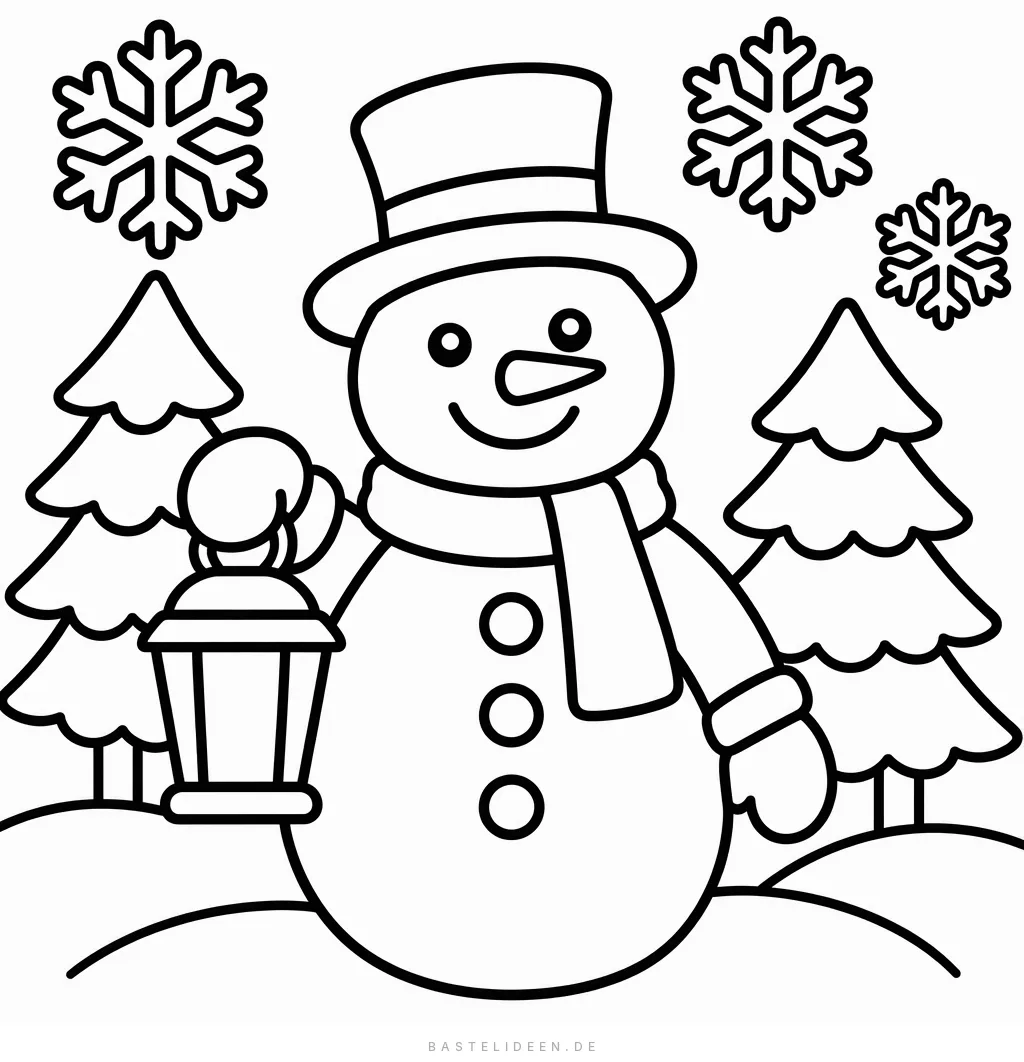 Schneemann hält eine Laterne im Winterwald zwischen Tannen und Schneeflocken