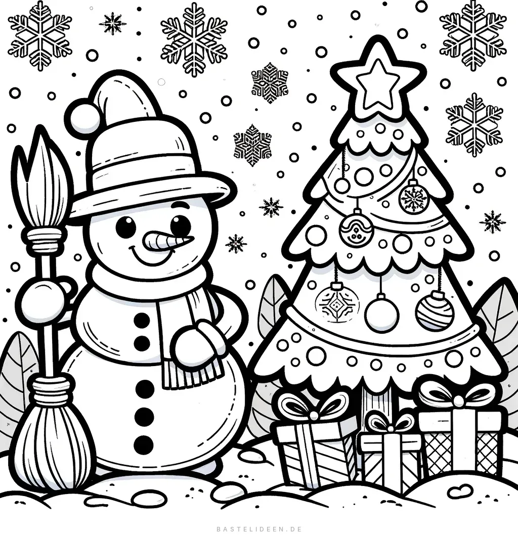 Fröhlicher Schneemann neben geschmücktem Weihnachtsbaum