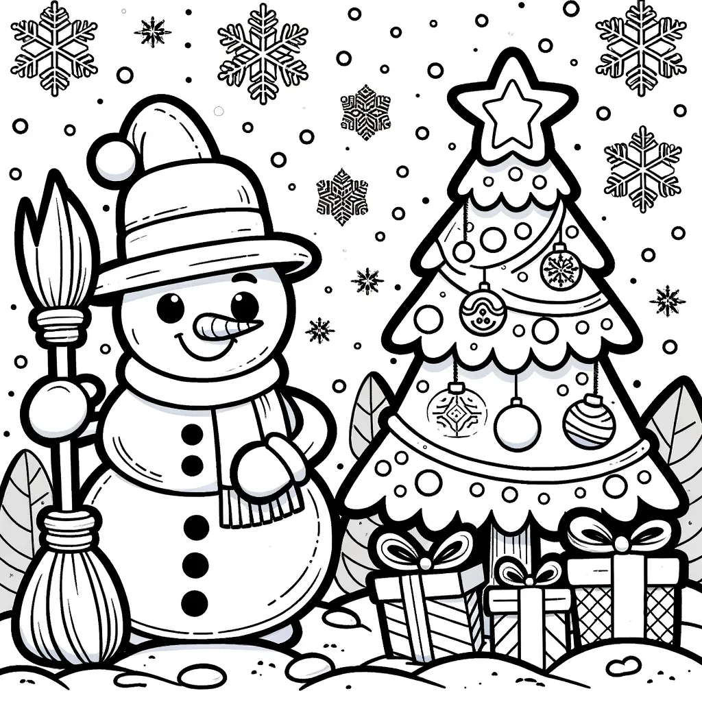 Fröhlicher Schneemann neben geschmücktem Weihnachtsbaum