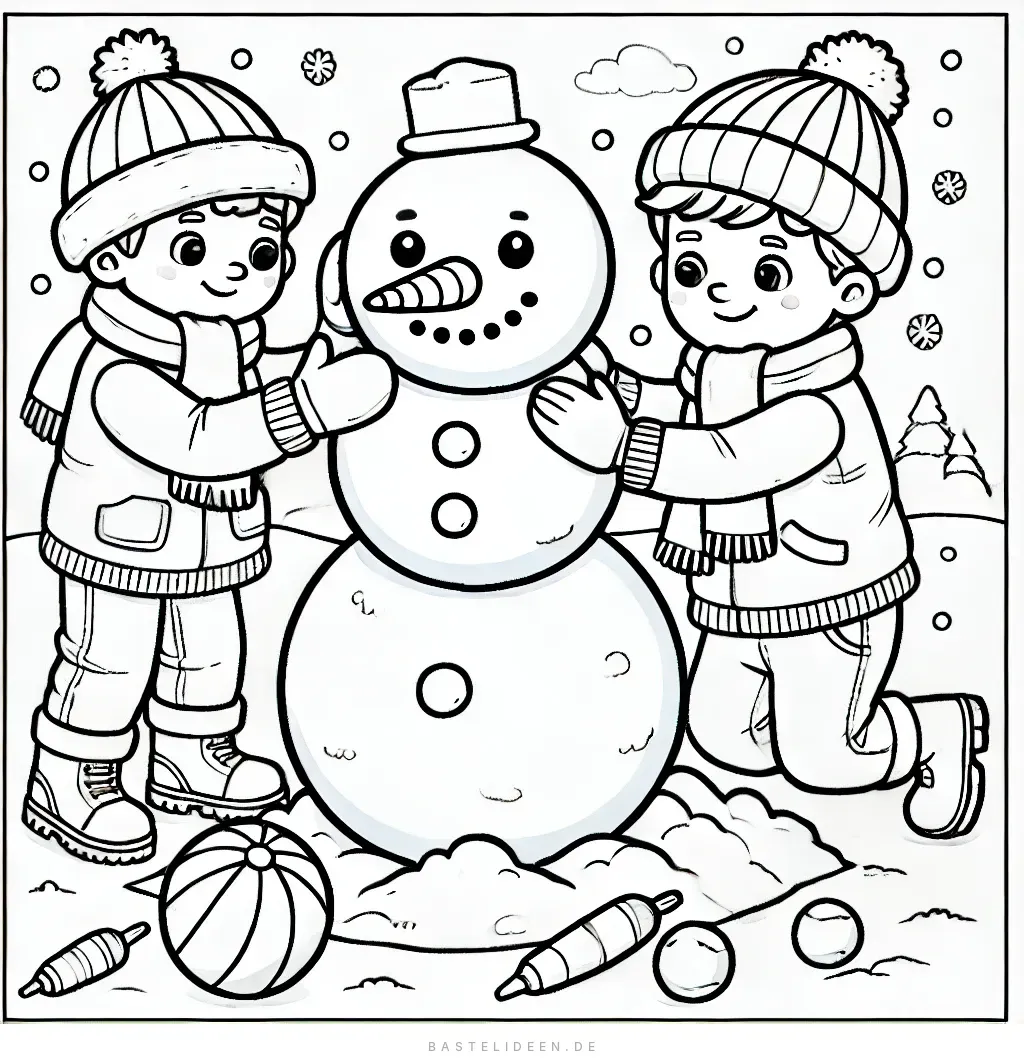 Kinder bauen fröhlich einen Schneemann