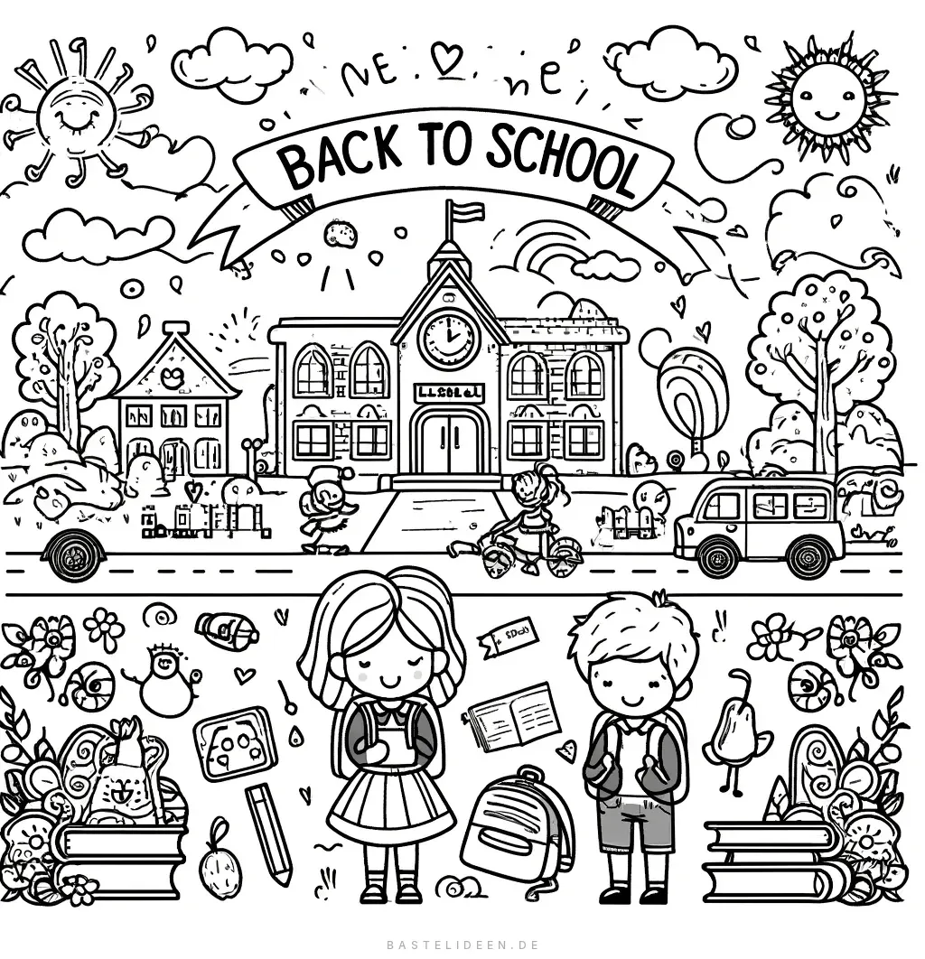 Fröhliche Kinder spielen vor Schulgebäude