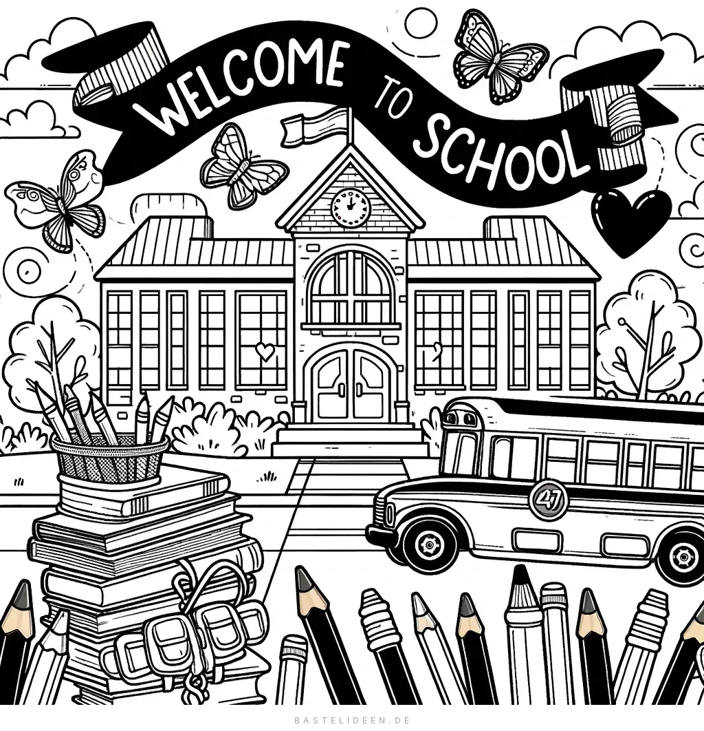 Schulgebäude mit Schulbus und Banner