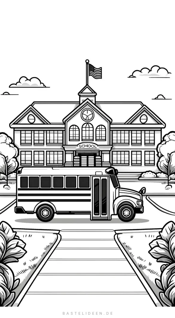 Schulbus vor Schulgebäude geparkt
