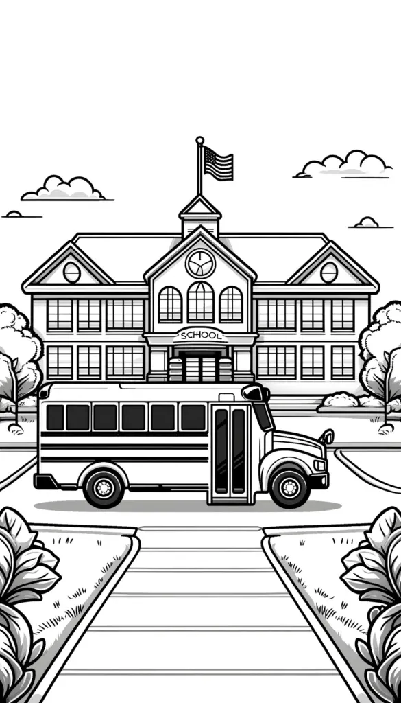 Schulbus vor Schulgebäude geparkt