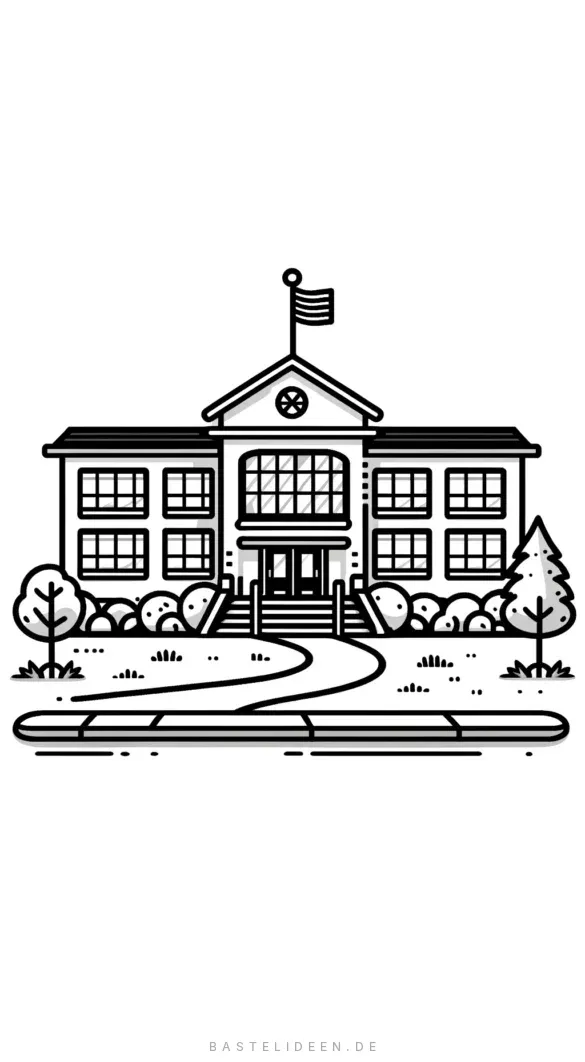 Klassisches Schulgebäude mit Flagge und Garten