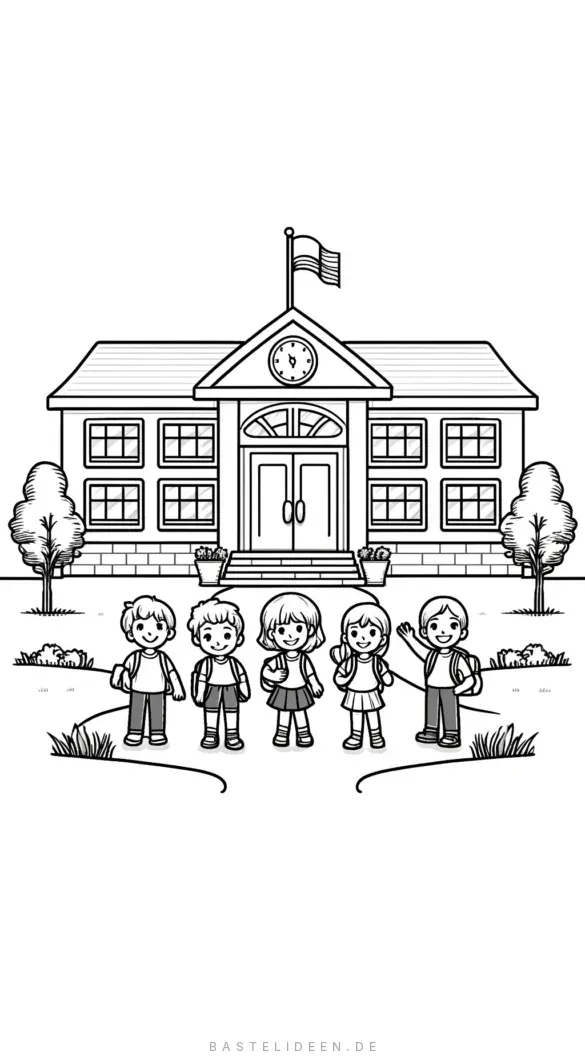 Fröhliche Schulkinder vor Schulgebäude