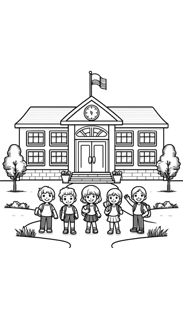 Fröhliche Schulkinder vor Schulgebäude