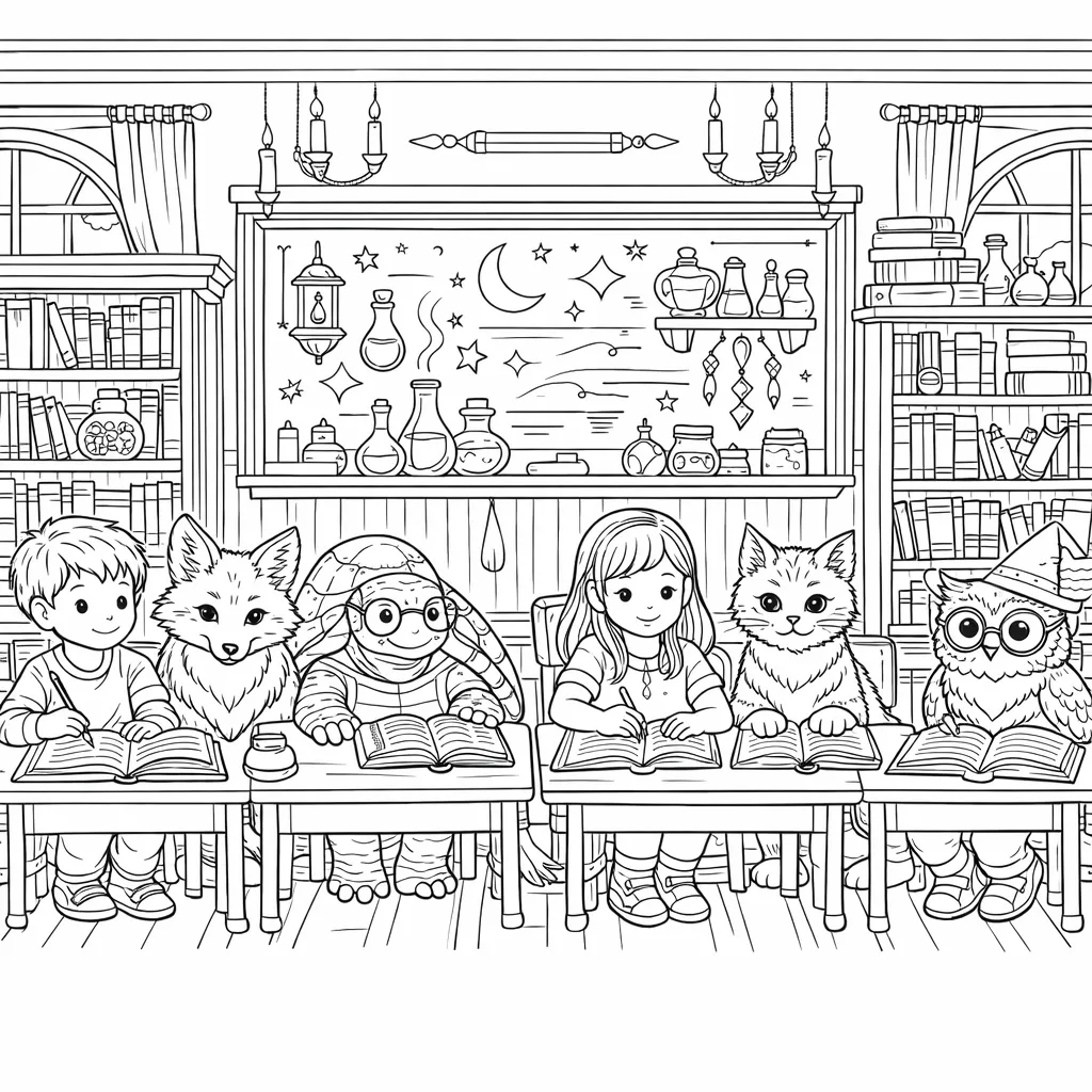 Detailliertes Klassenzimmer mit Fuchs, Katze und Eule neben ihren Schulkindern