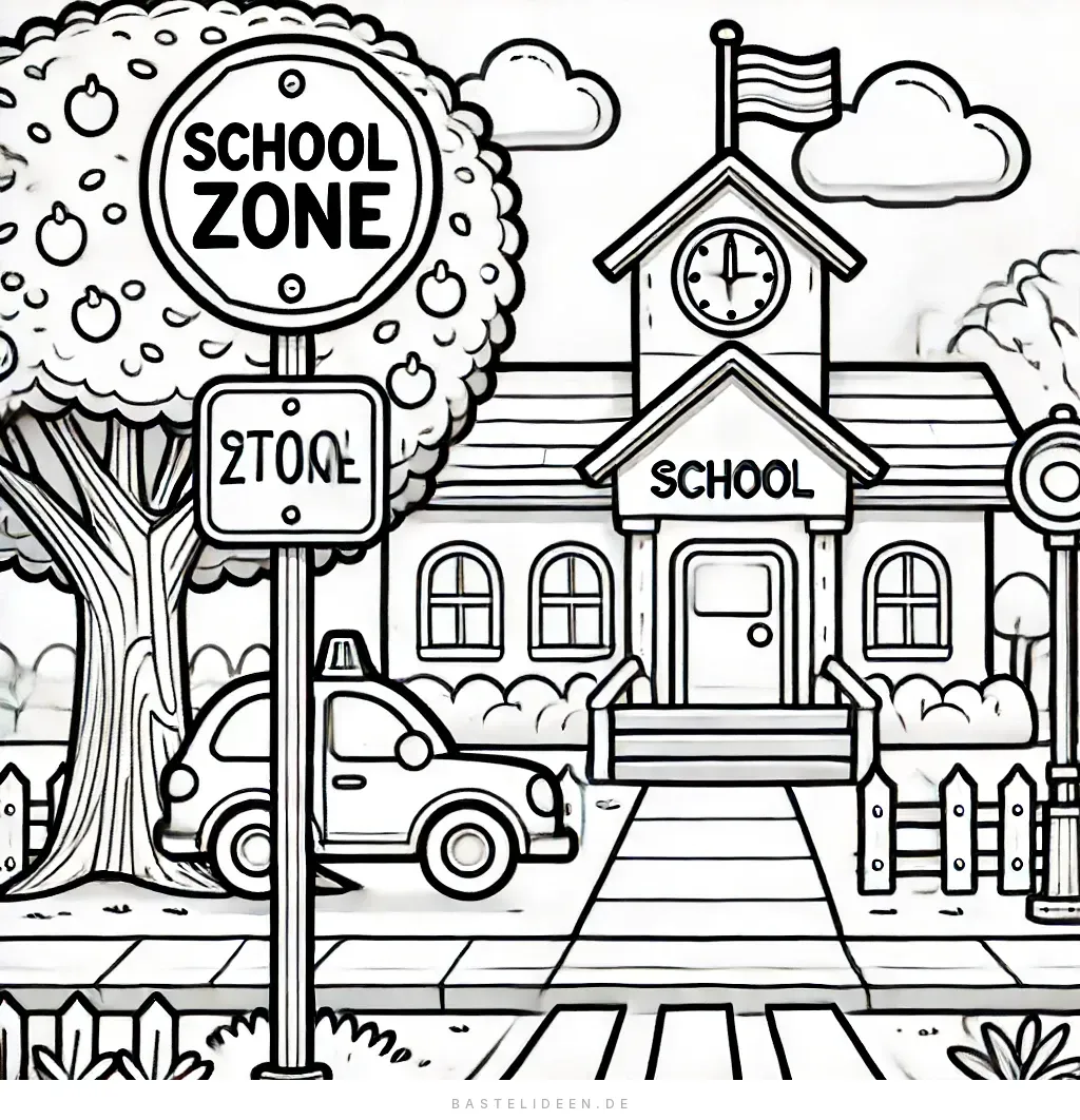 Schulgebäude mit Schulzonen-Schildern und Auto