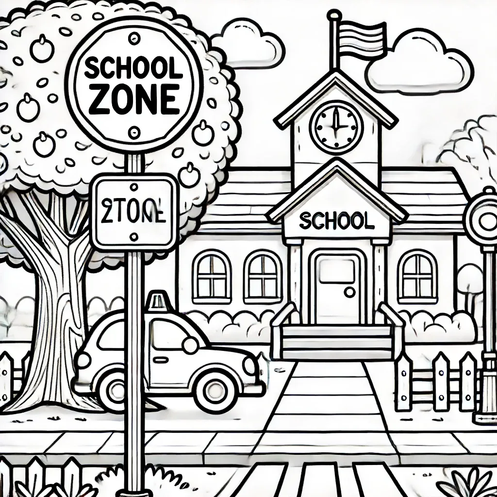 Schulgebäude mit Schulzonen-Schildern und Auto