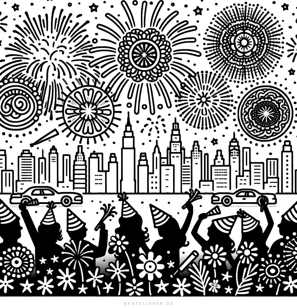 Feuerwerk über Stadtsilhouette mit feiernden Menschen