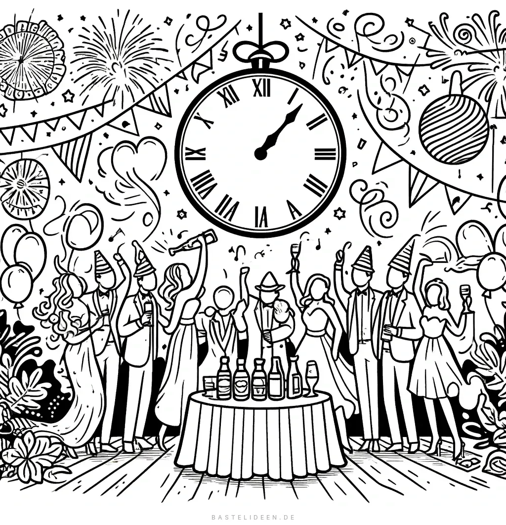 Große Uhr zeigt Mitternacht mit Partygästen und Feuerwerk