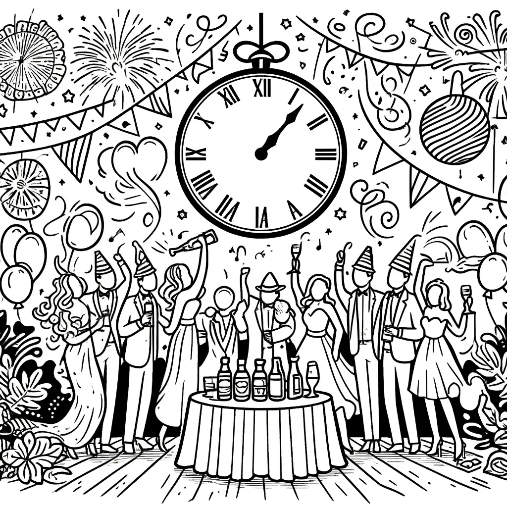 Große Uhr zeigt Mitternacht mit Partygaesten und Feuerwerk