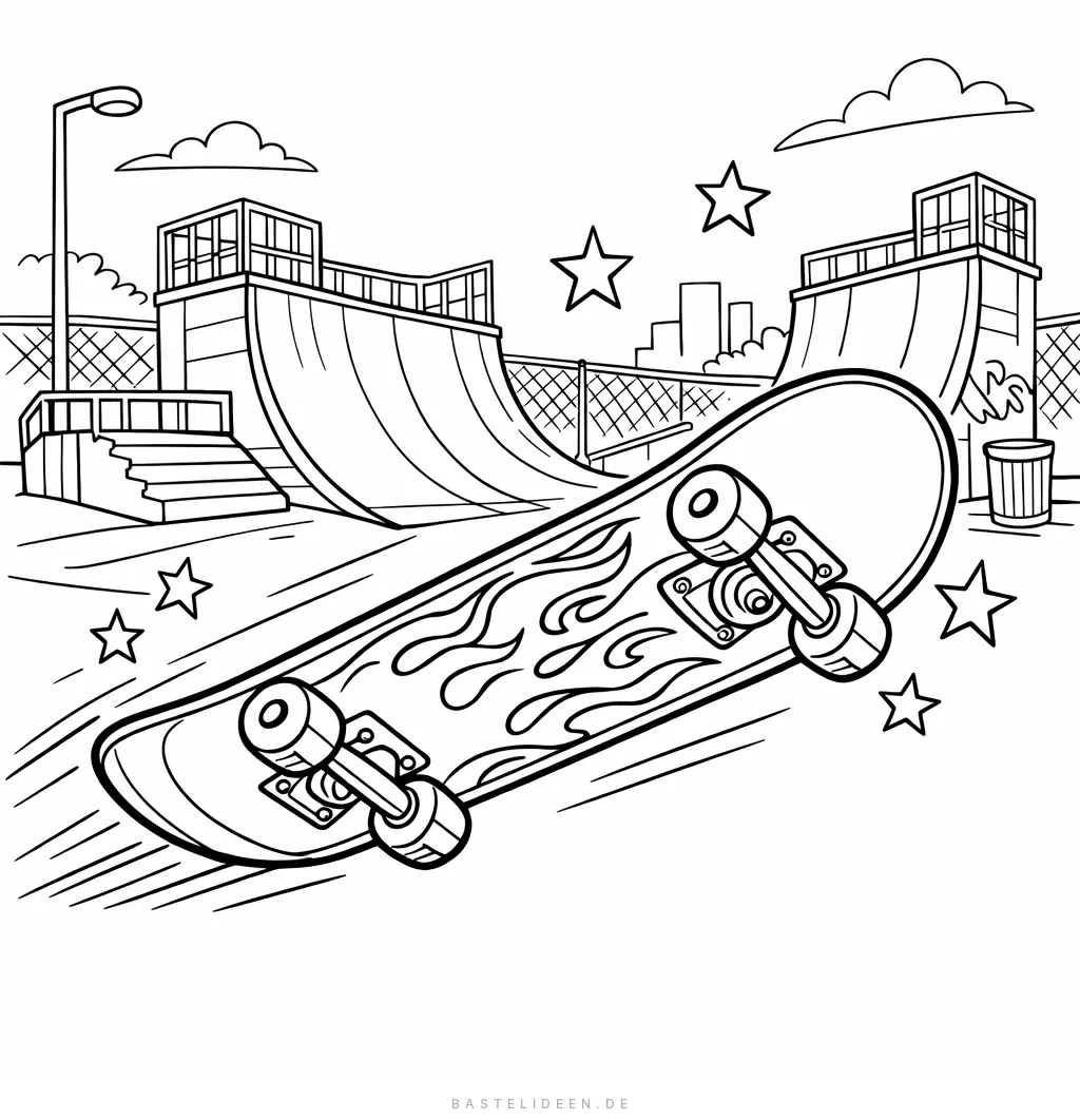 Cooles Skateboard mit Flammen-Design vor Halfpipe-Rampe