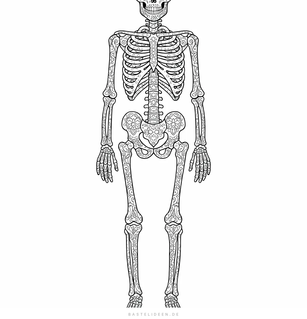Anatomisch korrektes Skelett mit dekorativen ornamentalen Mustern auf den Knochen