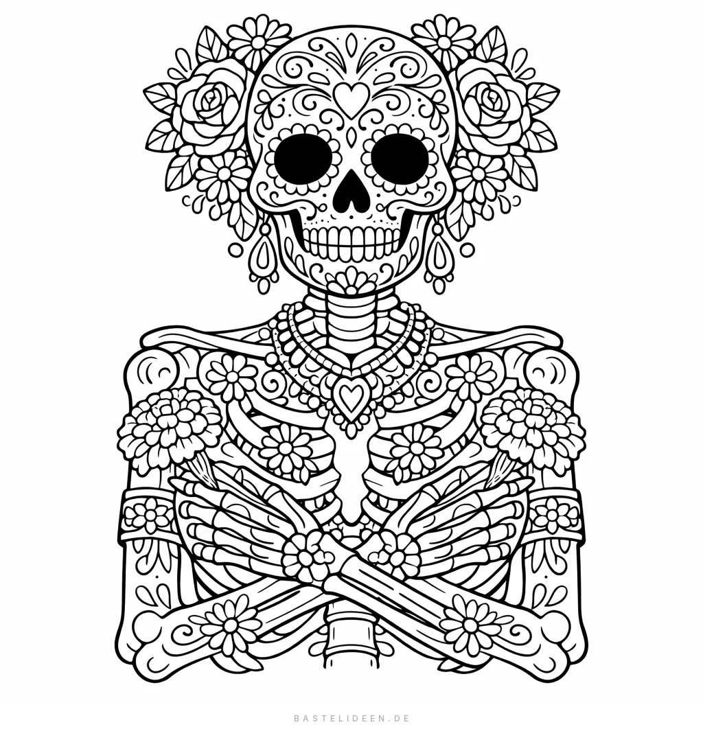 Traditioneller Totenkopf im mexikanischen Tag der Toten Stil mit Blumenornamenten