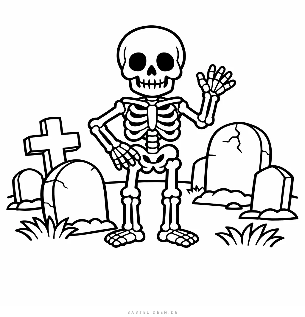 Skelett steht zwischen Grabsteinen auf dem Friedhof