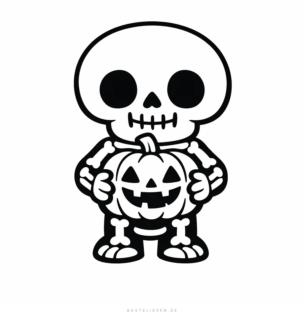 Skelett hält einen großen Halloween-Kürbis