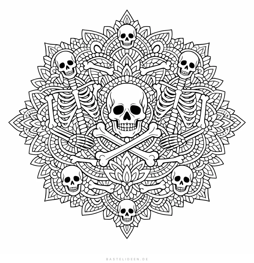 Kunstvolles Mandala-Muster mit Skelett-Motiv und symmetrischen Details