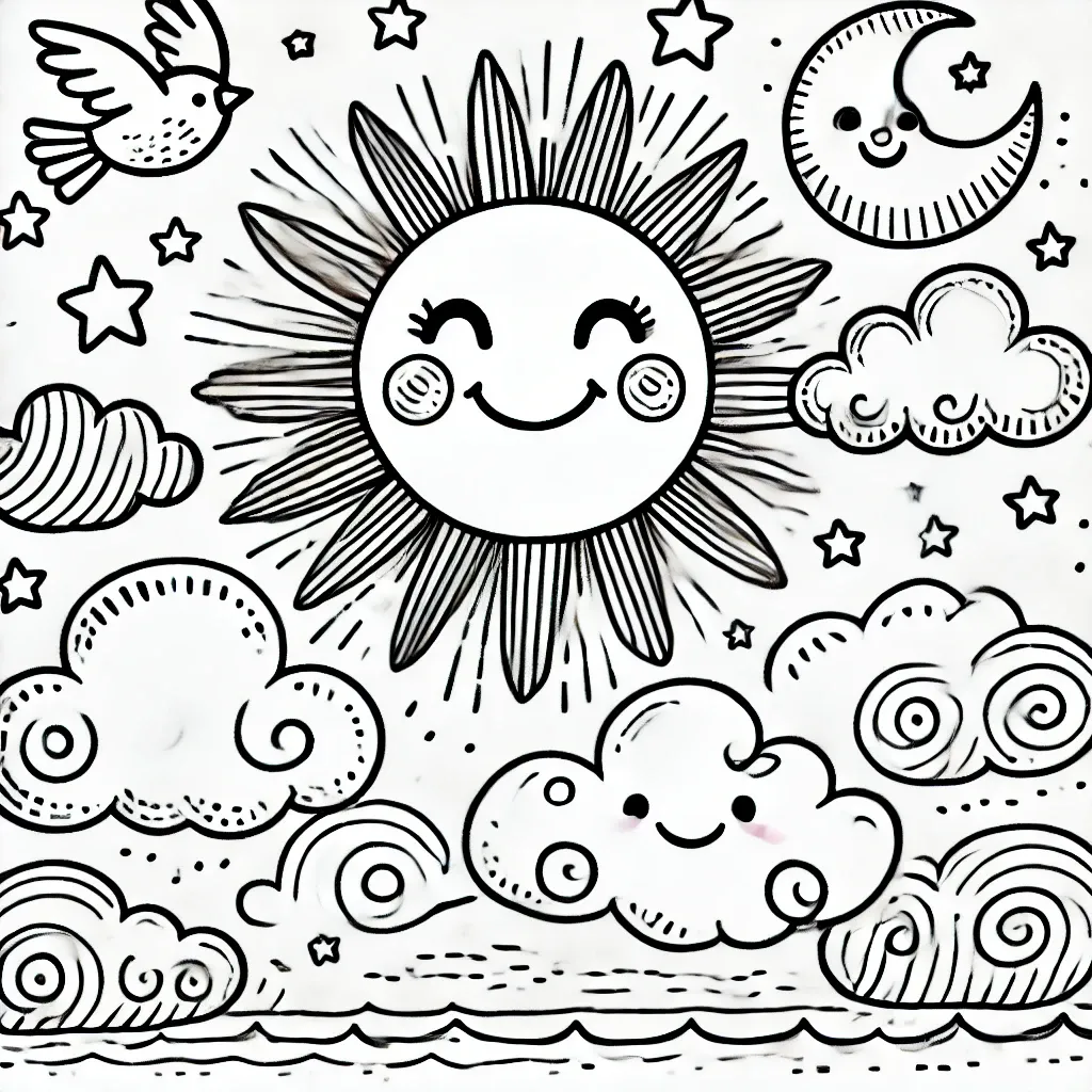 Lächelnde Sonne, Wolken und ein Sternenhimmel