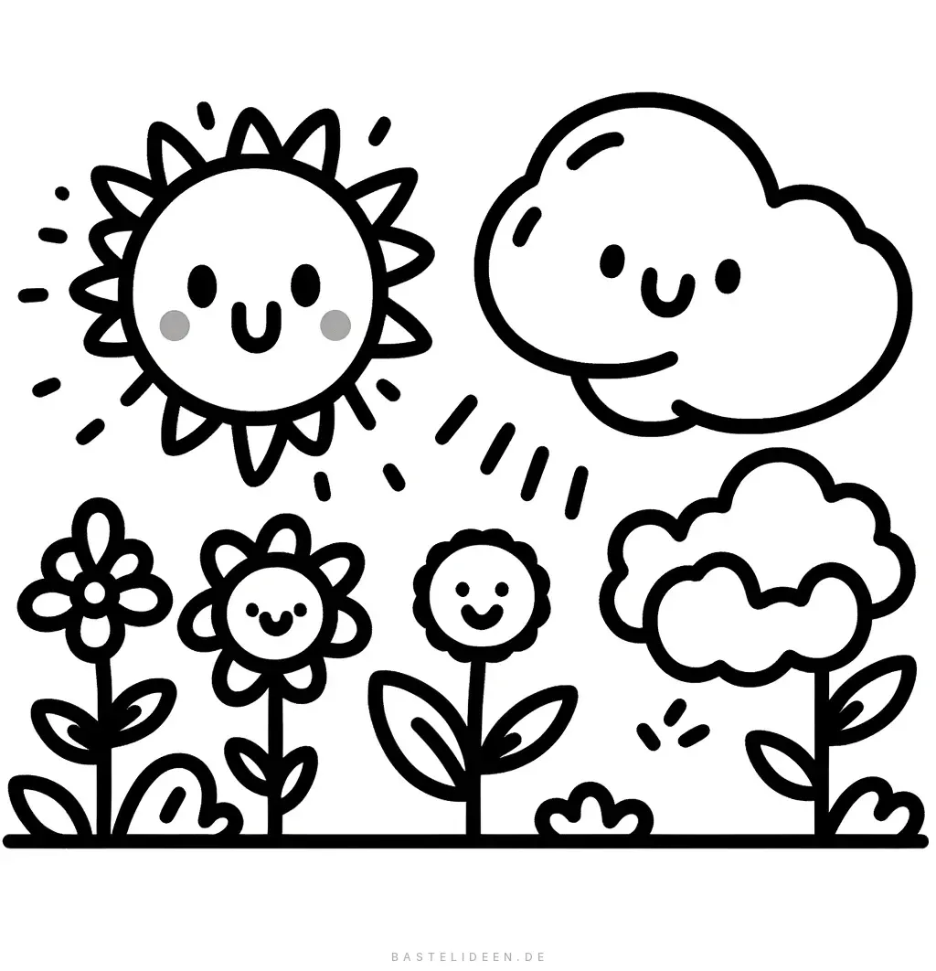 Lächelnde Sonne, fröhliche Wolke und glückliche Blumen