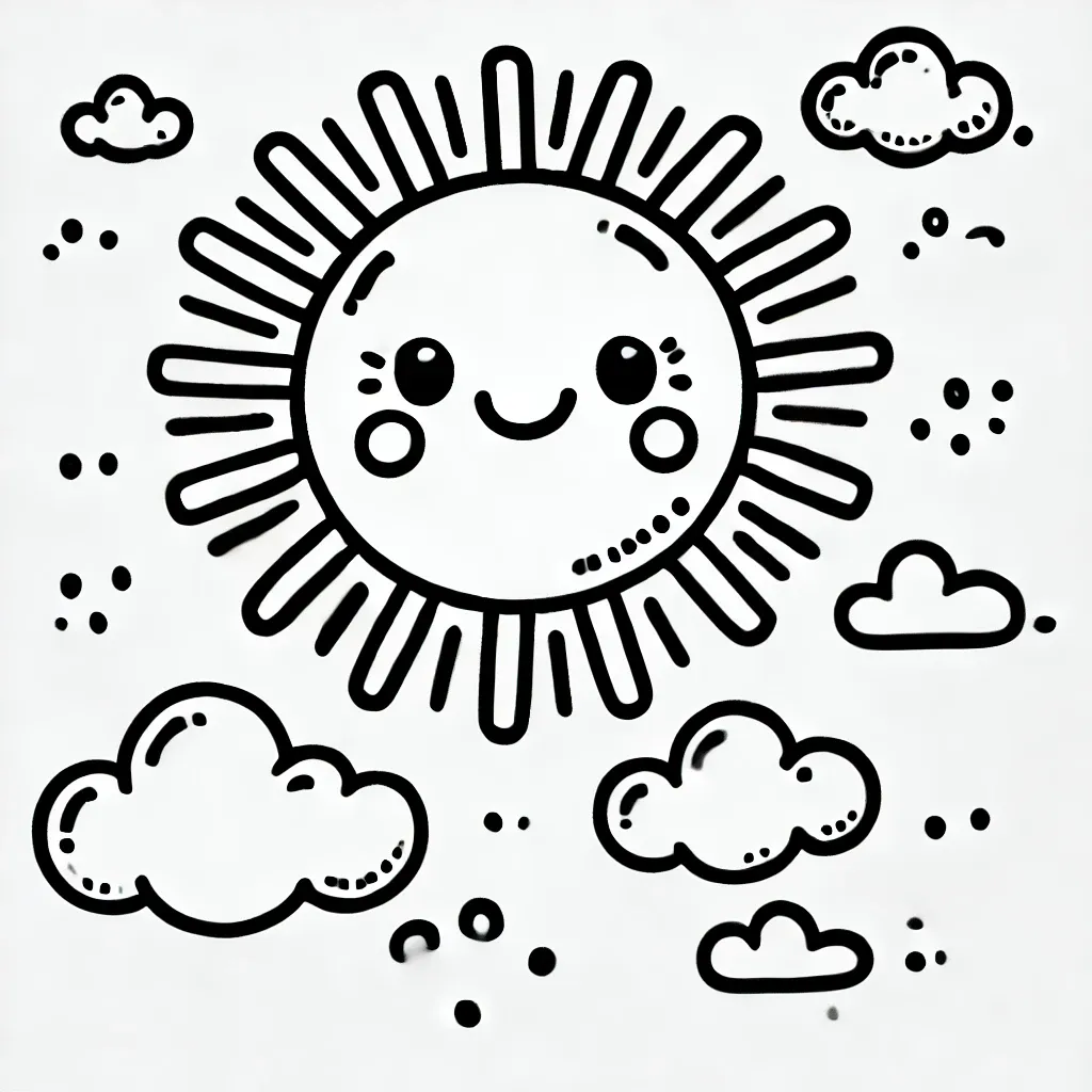 Niedliche Sonne mit geraden Strahlen und vielen Wolken