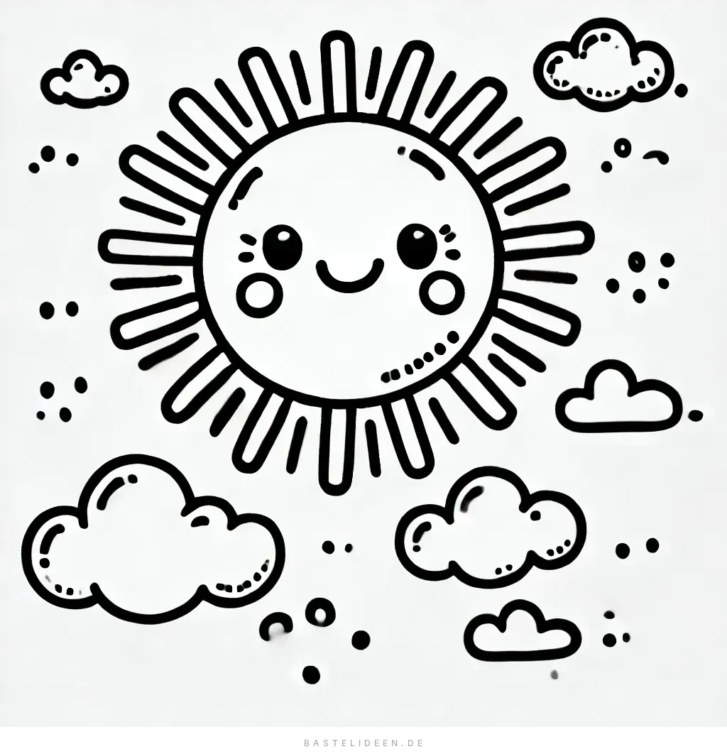 Niedliche Sonne mit geraden Strahlen und vielen Wolken