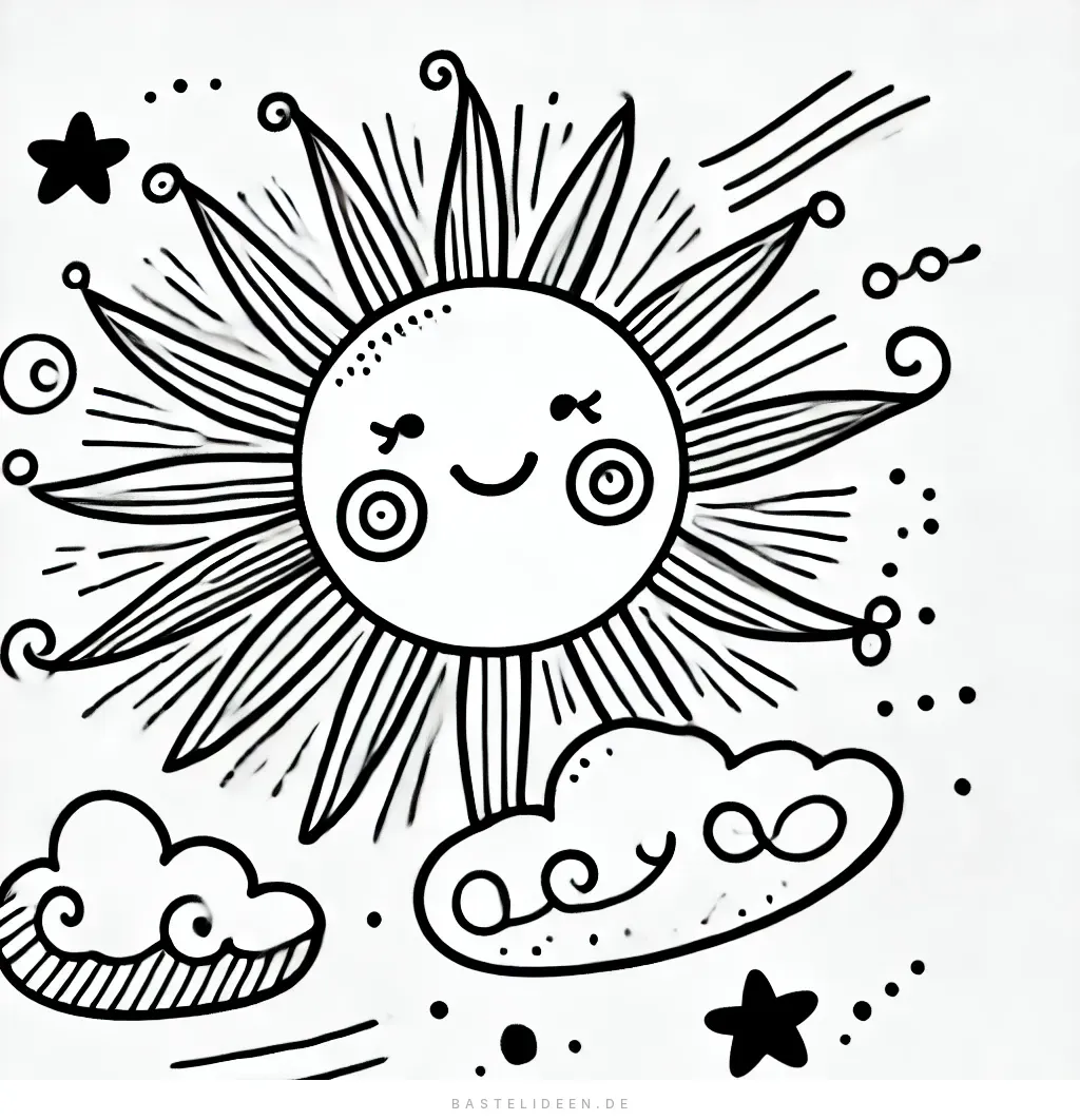 Fröhliche Sonne mit geschwungenen Strahlen, Wolken und Sternen