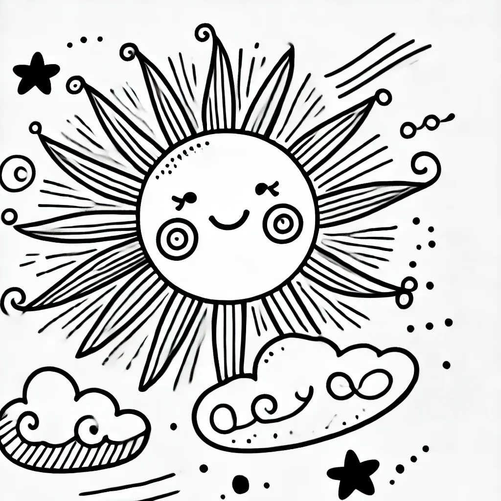 Fröhliche Sonne mit geschwungenen Strahlen, Wolken und Sternen