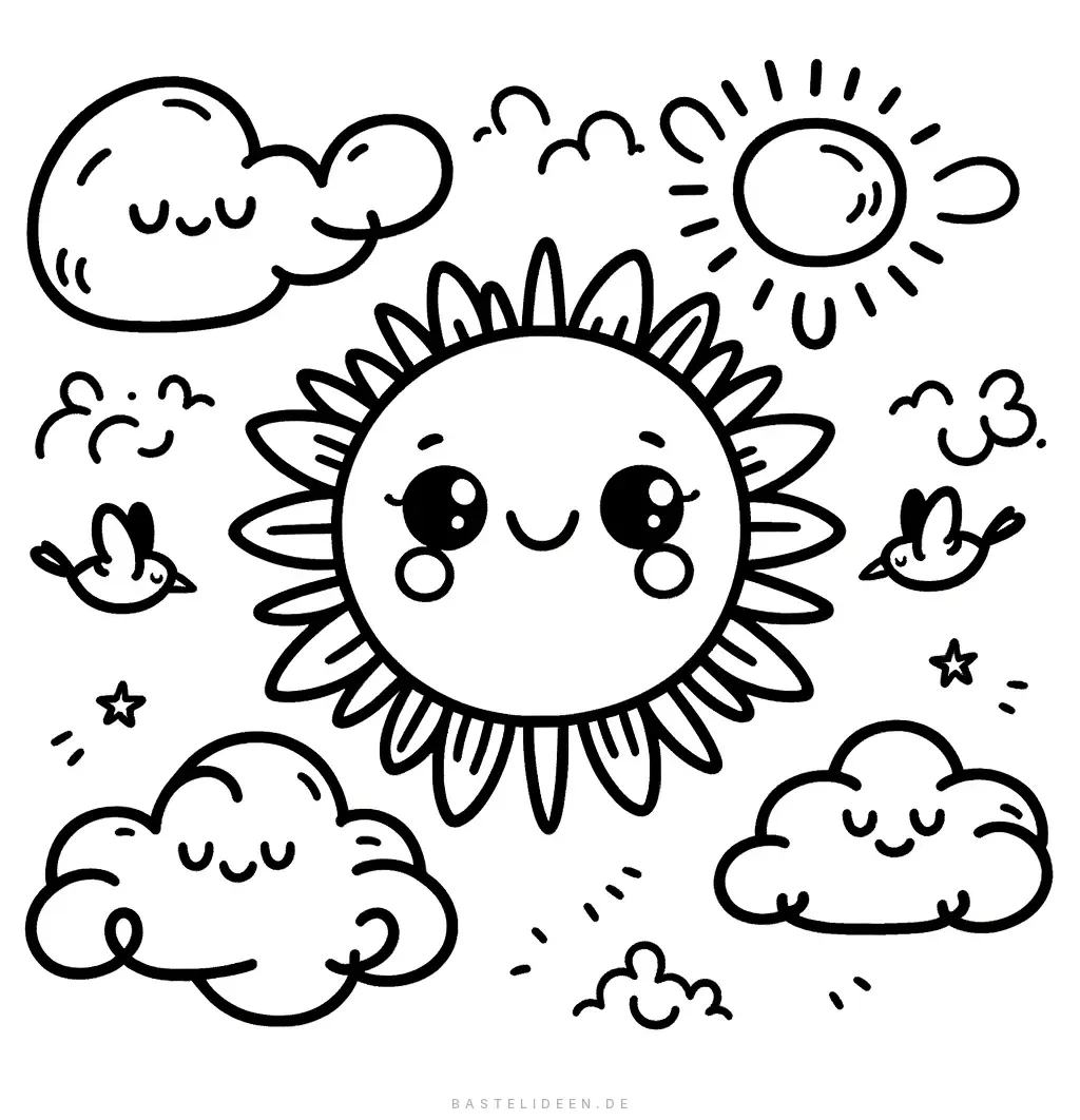 Lächelnde Sonne mit Wolken und Vögeln