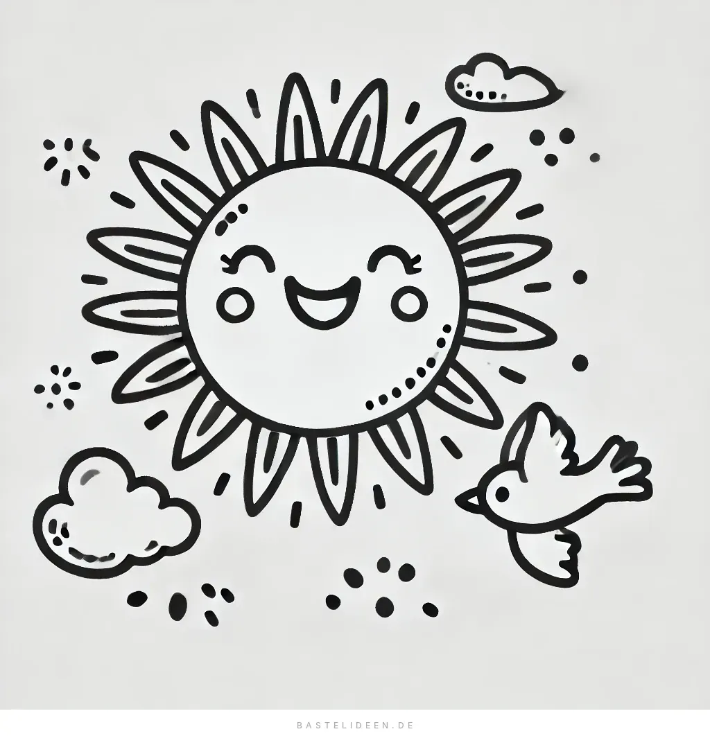 Lächelnde Sonne mit Strahlen, Wolken und fliegendem Vogel