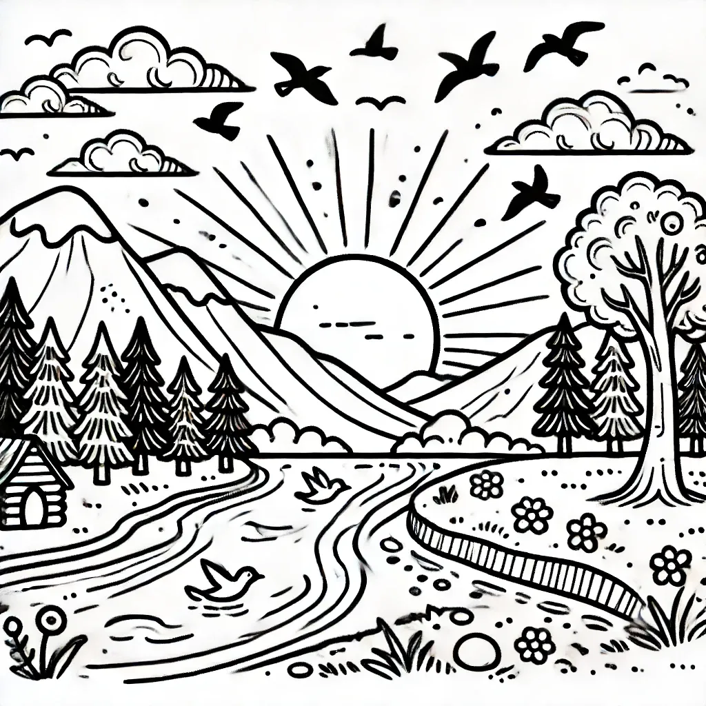 Sonnenuntergang über Bergen mit Hütte am Fluss