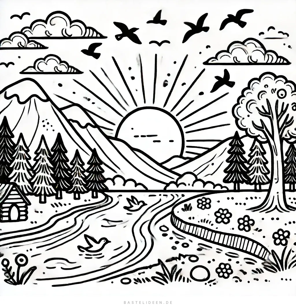 Sonnenuntergang über Bergen mit Hütte am Fluss