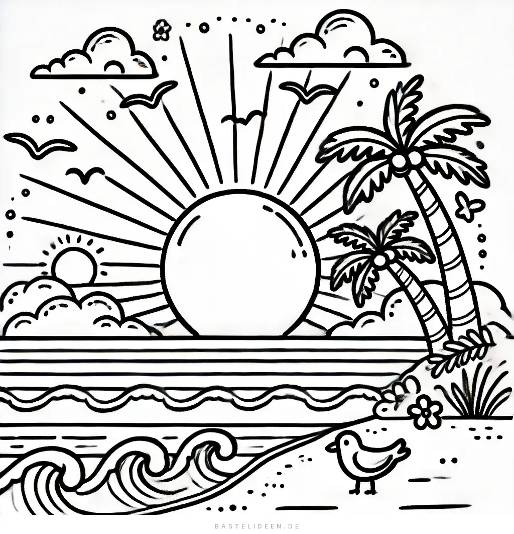 Tropischer Sonnenuntergang mit Palmen und Strand
